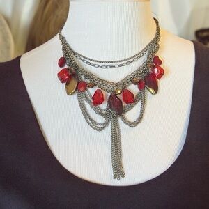 ESMOR Red Jewel Gothic Necklace Multi Chain Set Dangle Earrings Costume Punk NWT